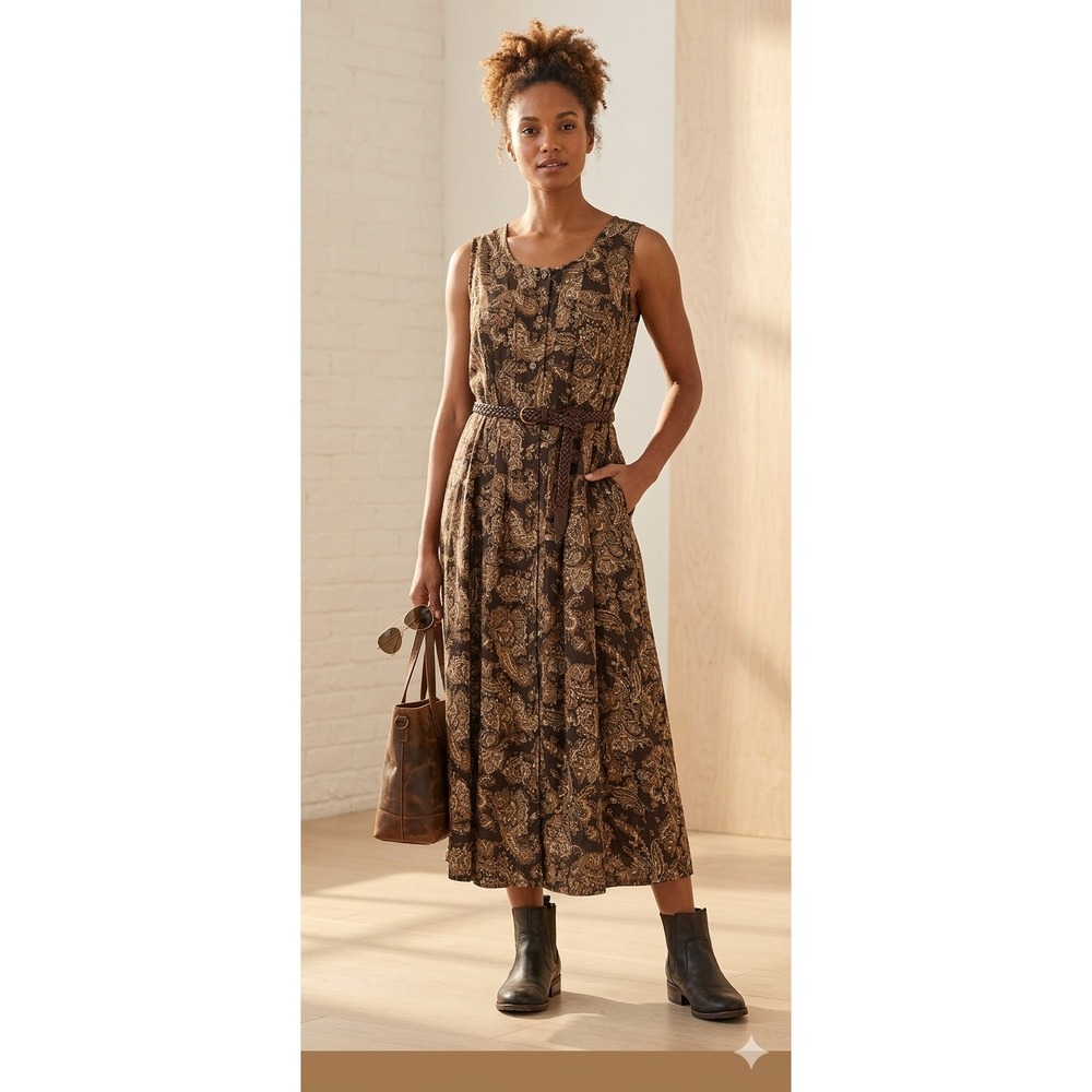 Vintage Orvis Paisley Maxi Dress 90s Boho Earth Tone Prairie Gown Size 12 Large